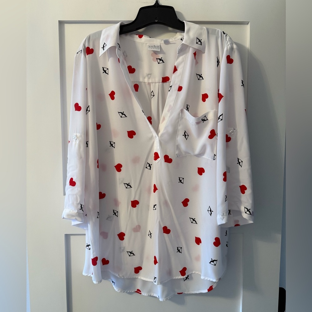 Soho Heart Print Button-Down Shirt – Size XL | White with Red & Pink Hearts